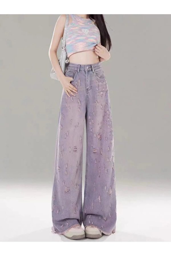 Vintage Lilac Distressed Wide-Leg Jeans - Y2K Outfits for Women