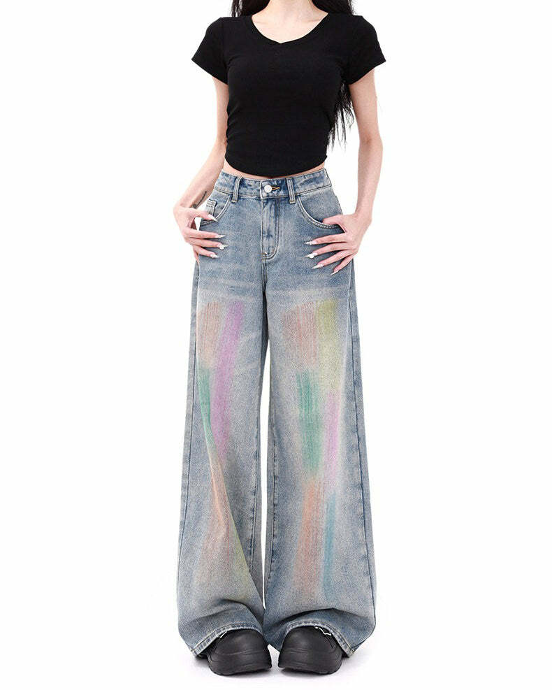 Vintage Style Brush Strokes Jeans - Y2K Outfits for Women, Cute & Aesthetic