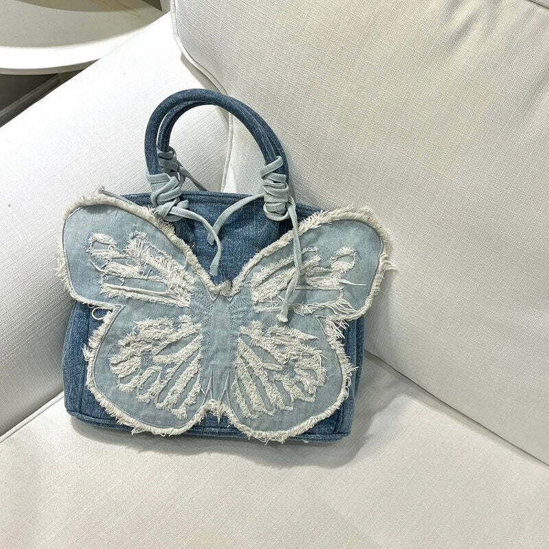 Y2K Aesthetic Denim Butterfly Handbag - Trendy Y2K Outfits for Women