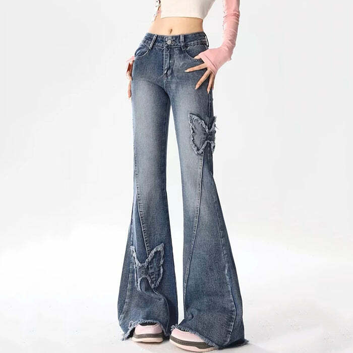 Y2K Butterfly Flare Jeans - Trendy Y2K Outfits for Women & Girls