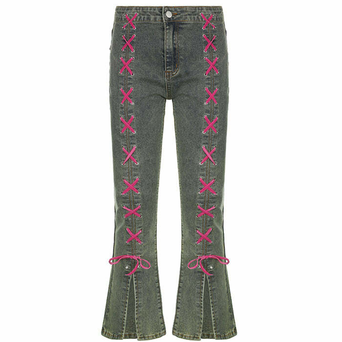 Y2K Lace Up Jeans - Trendy Y2K Outfits for Women, Emo & Club Styles