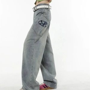 Y2K Loose Fit Logo Jeans - Trendy Y2K Outfits for Women & Girls